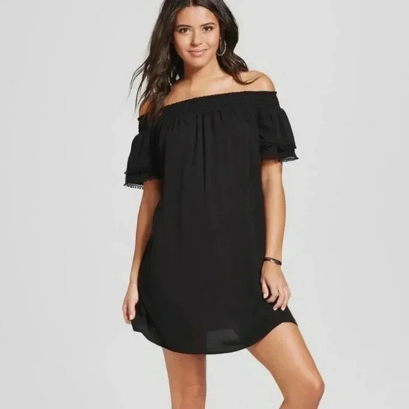 Xhilaration Off-the-Shoulder Boho Little Black Dress - Picture 1 of 6